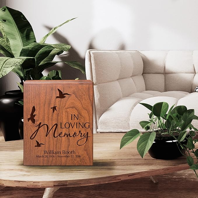 LifeSong Milestones Urns for Ashes - Personalized Cremation Urns for Adults (Cherry Wooden Box - Dove)