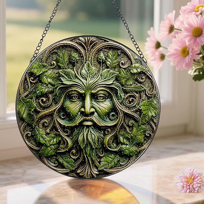 Green Man Stained Glass Suncatcher, Stained Glass Window Hanging, 8 Inch Window Decor Hanging, Gift for Garden Lovers, Fathers Day Birthday Gifts for Dad Grandpa Man Bother Husband Lover
