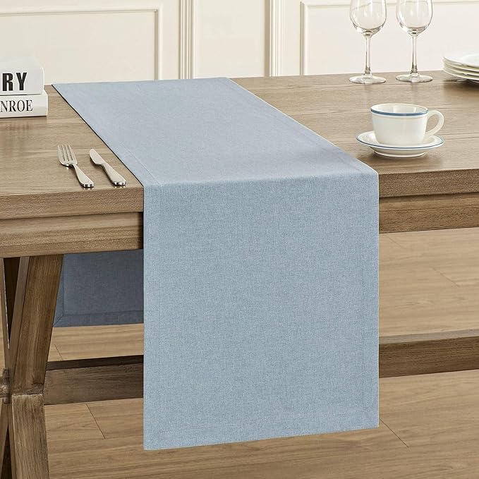 ZeeMart Basic Linen Style Table Runner, 14 x 90 Inch Blue Chambray, Rustic Farmhouse Light Dusty Blue Table Runners 90 Inches Long, Everyday Polyester Table Runner - Machine Washable & Easy Care