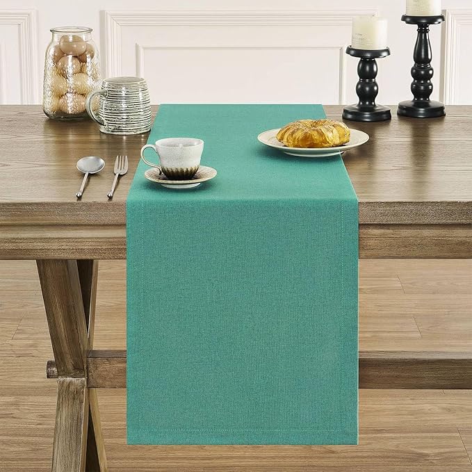 ZeeMart Basic Linen Style Table Runner, 14 x 108 Inch Teal Chambray, Rustic Farmhouse Teal Table Runners 108 Inches Long, Everyday Polyester Table Runner - Machine Washable & Easy Care