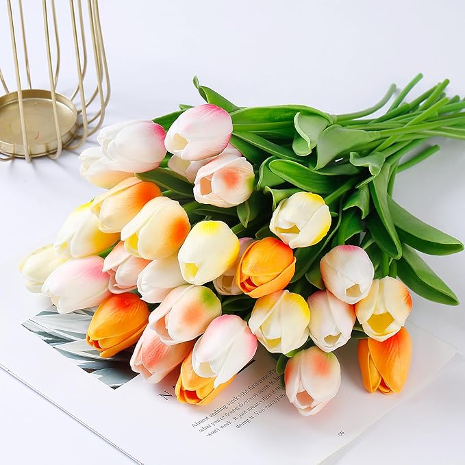Sggvecsy 30 Pcs Fake Tulips Artificial Flowers Real Touch PU Faux Flowers Tulip Stems for Wedding Floral Arrangement Spring Bouquet Home Party Office Decorations for Mother's Day (Multi Colors)