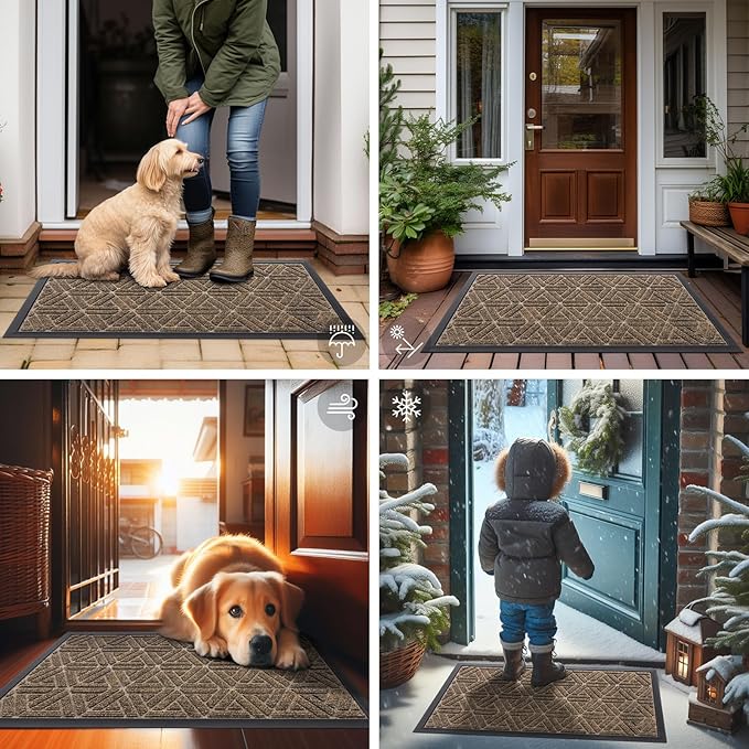 Smiry Front Door Mat Outside Entrance, Heavy Duty Sturdy Natural Rubber Doormat, Trap Dirt and Moisture, Easy Clean Low Profile Mats for Indoor Outdoor Entry, Grid Geometric (59x34, Brown)