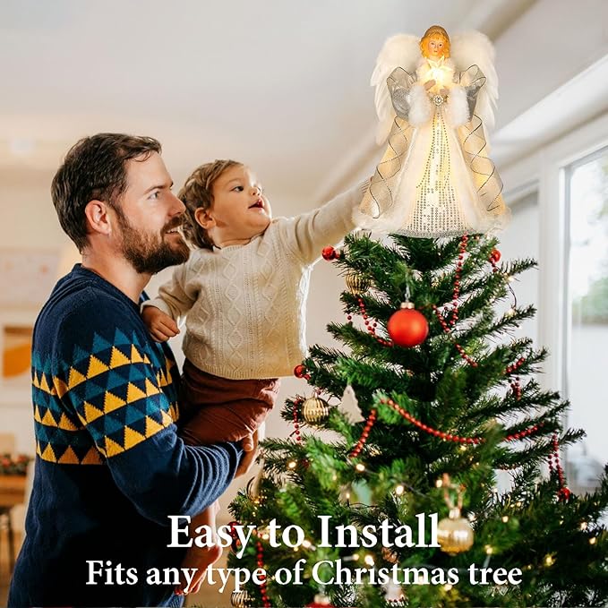 HMASYO Christmas Tree Topper Angel with Timer Lights, 12" Angel Tree Toppers with White Feather Wings, Star Light, Remote Control and USB Power Xmas Treetop Decor for Indoor Office Holiday Party