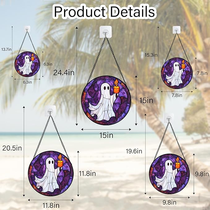 Stained Glass Window Hanging - Halloween Decorations Ghost Suncatcher for Doors Garden Indoor Spooky Funny Purple Sun Catchers Gothic Decor Horror Gifts for Women Men Friend 6.3 in