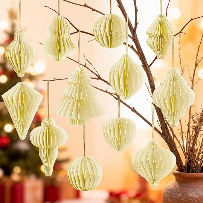 12Pcs Beige Paper Christmas Party Decorations, 3D Honeycomb Paper Hanging Ornaments with Glitter, Boho Finial Honeycomb Lantern Neutral Ornaments for Christmas Trees Winter Wonderland Party