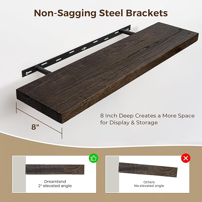 Rustic Floating Shelves for Home Decor, 32 Inch Long Wall Shelves Set of 2, Solid Elm Wood Floating Shelf for Wall, 8 Inch Deep Bookshelf for Storage & Display, 32 x 8 Bathroom Shelf, Walnut Color