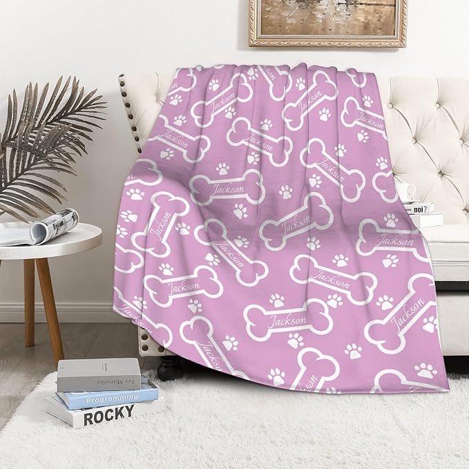 Custom Dog Bone Pattern Flannel Throw Blanket, 50"x40" for Kids, Purple, Customizable, Microfiber, Warm, Modern, Machine Washable