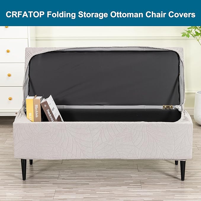 CRFATOP Waterproof Jacquard Ottoman Stool Cover Stretch Folding Storage Footstool Bench Slipcovers Upholstered Foot Chest Chair Covers Washable Entryway Furniture Protector,S,Light Grey