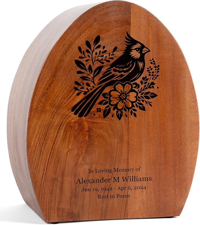 Personalized Cardinal Wooden Urn - 250 cu in - Custom Memorial Urn for Ashes Adult Male - Engravable Wood Urn Box for Human Cremains