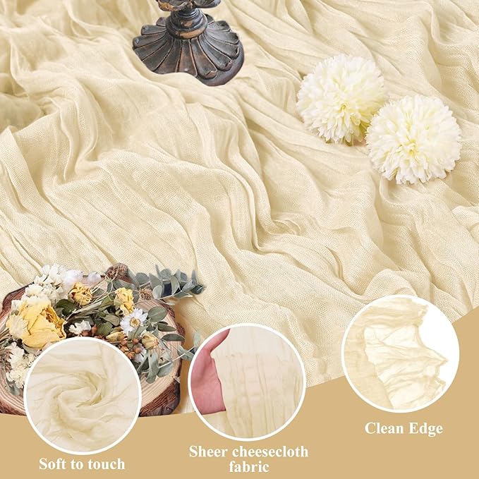 Asee'm 6pcs Cheesecloth Table Runner 120 Inches Long Beige Boho Gauze Cheese Cloth Runner 10FT Rustic Sheer Table Runners for Christmas Wedding Party Baby Shower Spring Easter Decoration