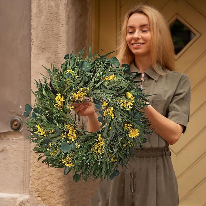 24" Large Front Door Wreath with Dried Flowers for Spring Summer Fall & Winter (Green02)