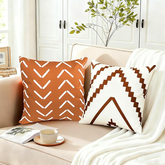 Decorative Throw Pillow Covers 18x18 inch Set of 4 Orange Pillow Covers for Couch Sofa Bed Living Room,Farmhouse Outdoor Throw Pillow Cover,Modern Geometric Linen Square Throw Pillow Cases