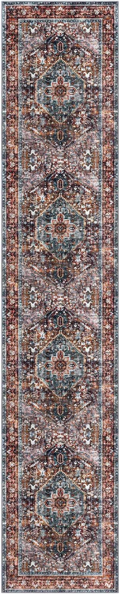 KOZYFLY Area Rug 3x12 Ft Washable Boho Runner Rug for Entryway Hallway Indoor Printed Faux Wool Carpet for Bedroom Kitchen Hall, Brick Red/Orange/Green