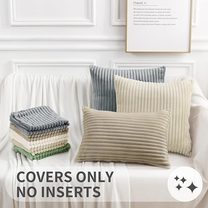 Simmore Decorative Christmas Throw Pillow Covers 12x20 Set of 2, Soft Natural Plush Flannel Double-Sided Fluffy Lumbar Pillow Covers for Couch Sofa Living Room, Khaki