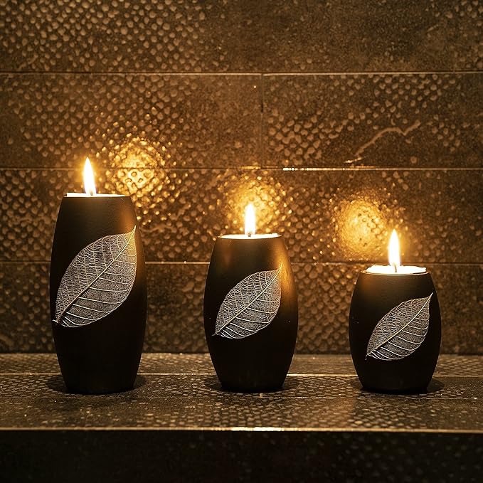 IYARA CRAFT Candle Holder Set with Tray – 3 Handmade Wood Tealight Holders, Black Leaf Design, Winter Home Décor, Spa-Inspired Holiday Centerpiece & Elegant for Women, Mom, Housewarming