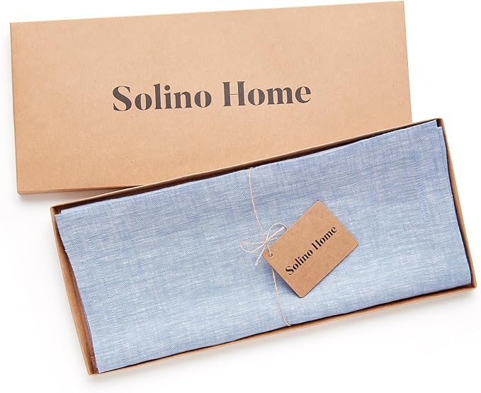 Solino Home Linen Table Runner 60 Inches - 100% Pure Linen Chambray Blue Table Runner 14 x 60 Inch Ideal for Dresser and Coffee Tables - Athena - Winter, Spring, Easter