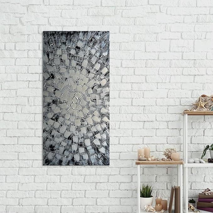 MyArton Textured Abstract Squares Canvas Wall Art Hand Painted Modern Black Silver Oil Painting for Home Decoration Ready to Hang Horizontal or Vertical 48x24inch