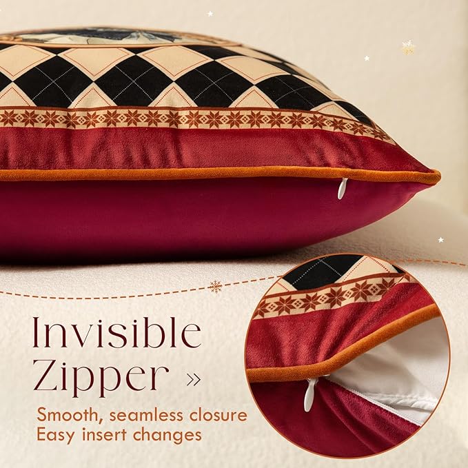 Grandmillennial Checkered Pillow Cover, Velvet Euro Sham Covers Decorative Throw Pillow Covers 18x18 for Couch Sofa Bed Living Room, Christmas & Holiday