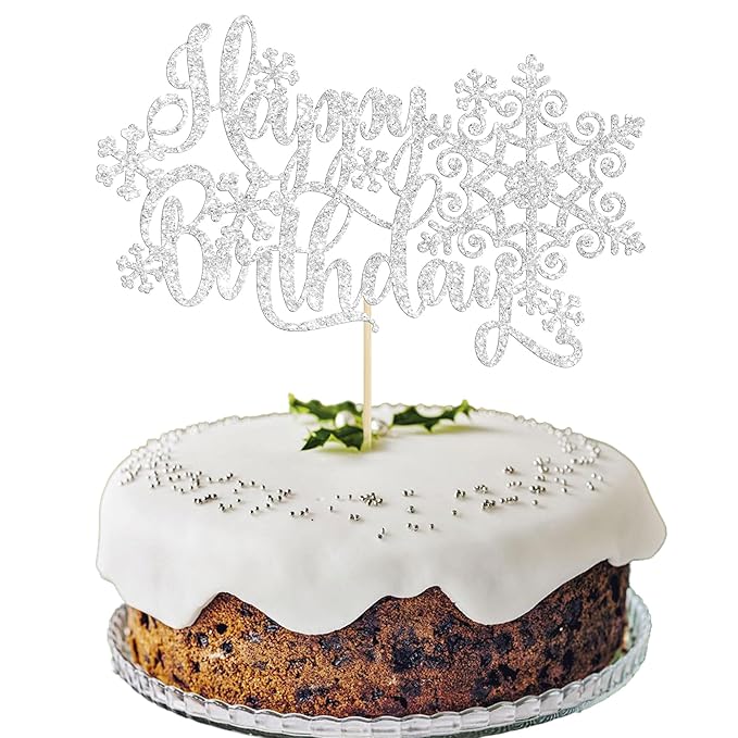 Gyufise 1 Pack Snowflake Happy Birthday Cake Topper Silver Glitter Winter Snowflake Cake Picks Decorations for Winter Snowflake Theme Baby Shower Kids Birthday Party Supplies