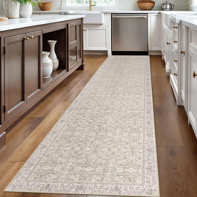 2.6x12 Washable Runner Rug for Kitchen, Cream Beige White Grey Soft Classic Runner with Non-Slip, Non-Shedding Distressed Floral Rug for Hallways Entryway Bedroom Laundry Indoor