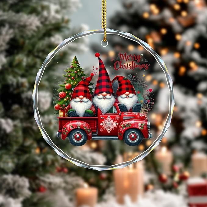 Christmas Gnome Red Truck Ornament – Crystal Hanging Decoration for Christmas Tree, Clear Acrylic Gnome & Red Truck Design, Xmas Holiday Home Décor & Gift