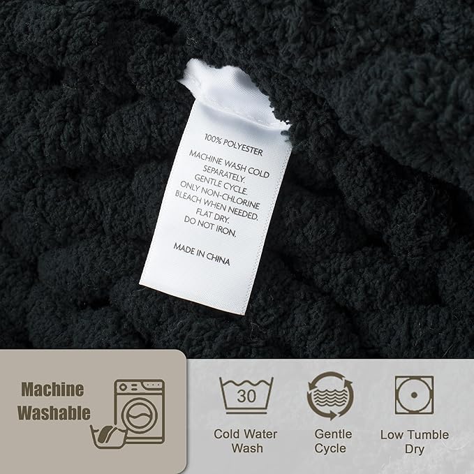 Chunky Knit Throw Blanket 50"X 60", 100% Handmade with Soft Chenille Yarn, 4.4lbs Thick Cable Knitted Blankets, Large Rope Knot Crochet Throws for Couch Sofa Bed Home Decor, Black