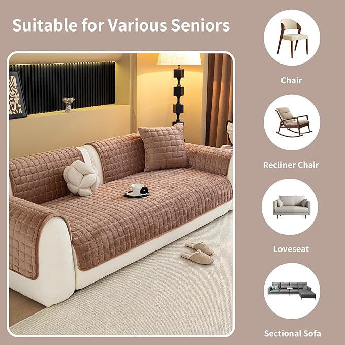 Velvet Couch Cover, Plush Sectional Sofa Cover Washable, Anti Slip Sofa Slipcover for Armrest & Backrest, Furniture Protector Covers for Pets & Kids(1PC, Black, 35.4"×35.4", Single Seater)