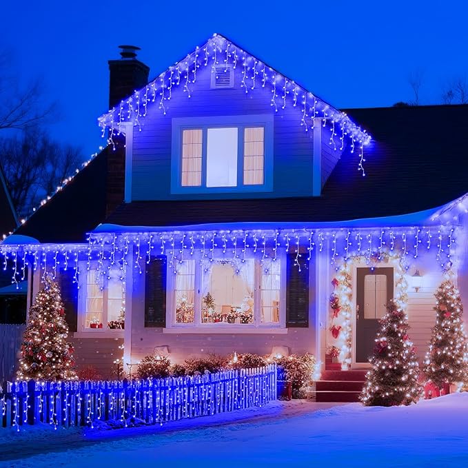 XURISEN 132ft Christmas Lights Decorations Outdoor, 1280 LED 8 Modes Fairy Lights with 240 Drops,Plug in Waterproof Timer Memory Function for Christmas Holiday Wedding Party Decorations(Blue)