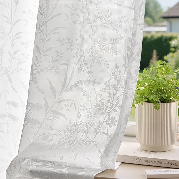 Anmao White Semi Sheer Light Filtering Curtains 102 Inches Long 2 Panels, Leaf Pattern Drapes for Living Room Bedroom, Rod Pocket Sheer Window Treatments with Floral Design, 52x102 Inch