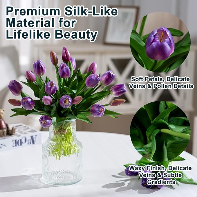 20PCS Fake Tulips Artificial Tulip Silk Flowers Fake PU Bouquet Artificial Flowers Faux Flowers with Gift Box Soft Faux Tulips Bouquets Arrangements for Party Wedding Home