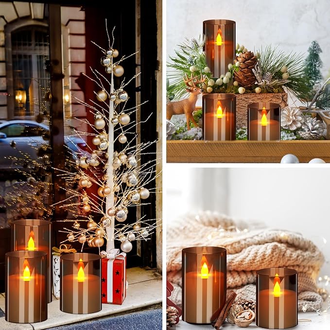 Flameless Candles 4" 5" 6" Set of 3 Acrylic Glass Pillars 3" Diameter Battery Operated Flickering Candles Include 10-Key Remote with Timer Function 400+ Hours (Gray, Warm Light 3 Pack)