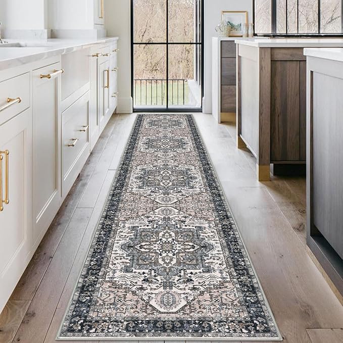 KOZYFLY Long Runners for Hallways 2x10 Ft Washable Kitchen Runner Rug Boho Style Entryway Rug Indoor Printed Faux Wool Stair Runner Carpet for Stairs Bedroom Kitchen Hall, Black/Taupe/Beige