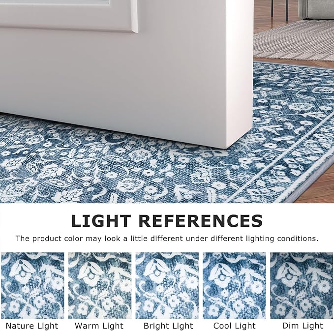 Vintage 2.6x8 Hallway Runner, Blue and White Washable Non-Slip Hallway Carpet, Super Soft Kitchen Runner Rug, Print Faux Wool Floral Thin Carpet for Indoor & Bedside