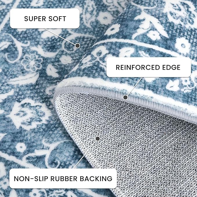 Vintage 8x10 Area Rugs, Blue and White Washable Living Room Rug Non-Slip Thin Large Area Rug Printed Faux Wool Floor Super Soft Carpet Throw Rugs for Bedroom Dining Room Playroom Office