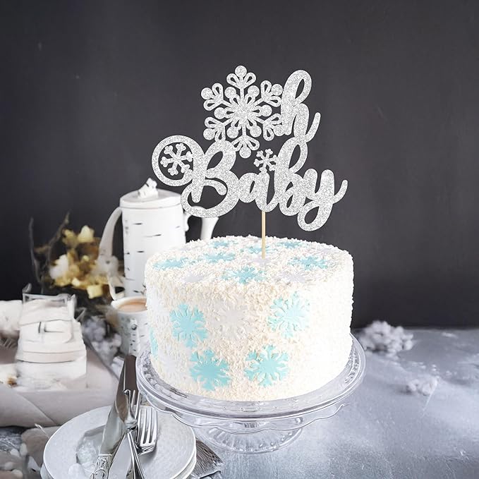 Gyufise 1 Pack Oh Baby Cake Topper Glitter Snowflake Baby Shower Cake Pick Decorations for Winter Theme Kids Birthday Party Supplies Silver