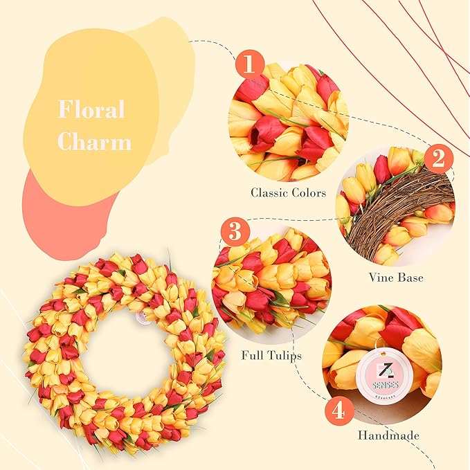 Tulip Wreath for Front Door, 20 Inch Tulip Spring Wreath with Green Leaves, Artificial Floral Door Wreath for All Seasons Wall Window Valentine Easter Home Decor (Orange)