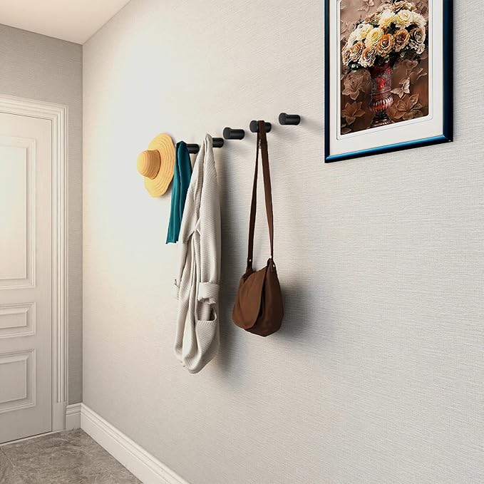 Wood Wall Hooks (6 Pack), Decorative Black Coat Hooks - Heavy Duty, Wall Mounted Hangers for Coats, Backpack, Towel, Cap (Black)