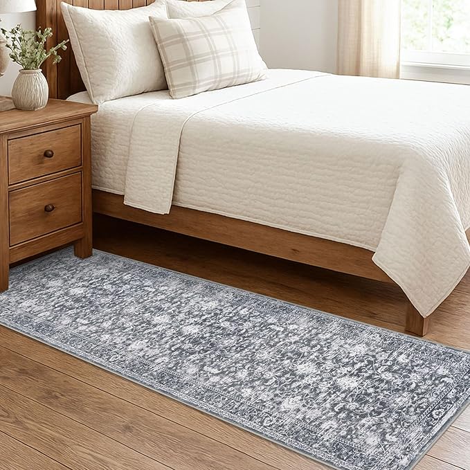 KILOCOCO Hallway Runner 2x7 Rug Runner Printed Vintage Floral Washable Kitchen Runners Non-Slip Rubber Backed Runners for Hallways Laundry Room Distressed Boho Rugs for Entryway Bedroom, Grey