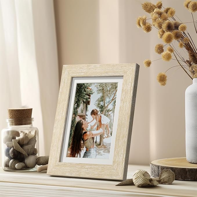 5x7 Picture Frame with Mat for 4x6, Natural Wood Grain 5 x 7 Picture Frames Display on Tabletop or Wall Mounting (4 Pack,Natural)