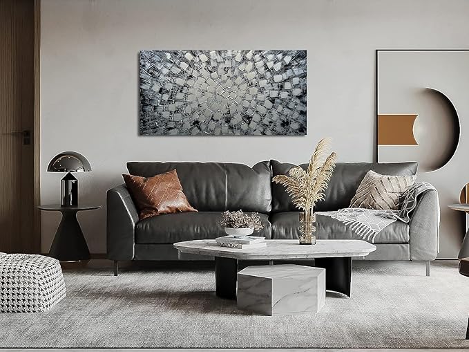 MyArton Textured Abstract Squares Canvas Wall Art Hand Painted Modern Black Silver Oil Painting for Home Decoration Ready to Hang Horizontal or Vertical 48x24inch
