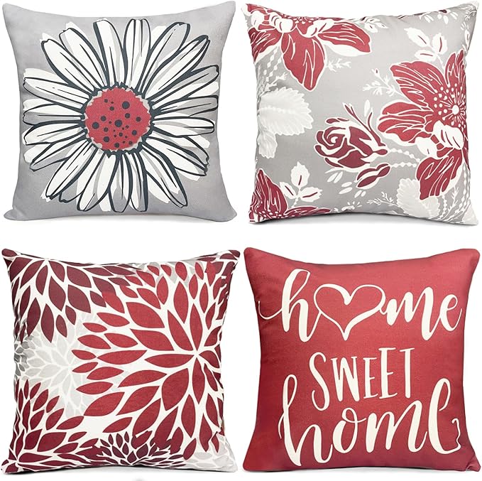 Decorative Throw Pillow Covers Set of 4 Wine Red Pillow Covers 20x20 inch Throw Pillow Cases Linen Square Pillow Case,Farmhouse Outdoor Modern Boho Pillow Covers for Couch Sofa Living Room