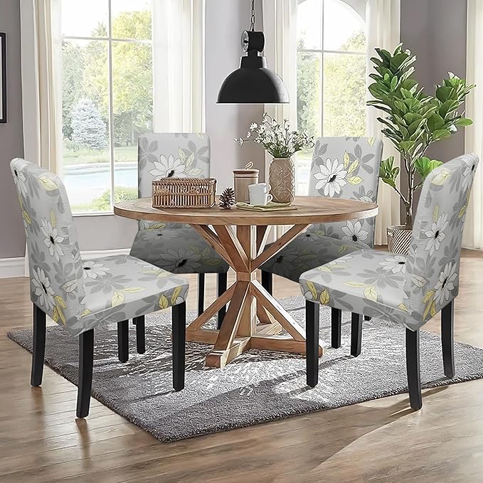 Sufdari Dining Chair Covers,Kitchen Chair Cover,Parsons Chair Slipcover,Spandex Chair Protectors for Dining Room Stretch Chairs Cover Set of 4 -Grey Floral
