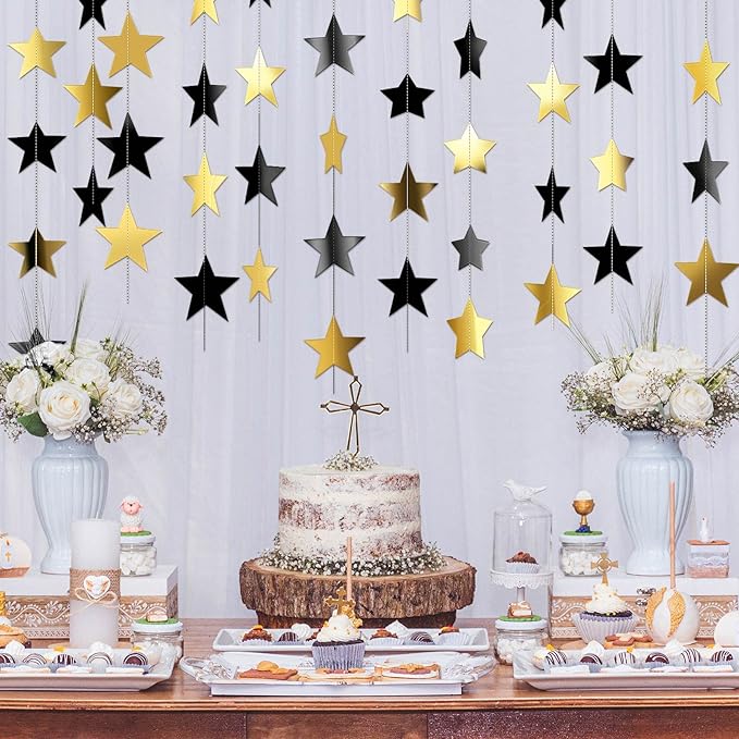 Patelai Glitter Star Garland Banner 2026 New Years Decor 130 Feet Star Hanging Banner Twinkle Backdrop for Birthday Classroom Wedding Christmas Party Supplies(Black, Gold)