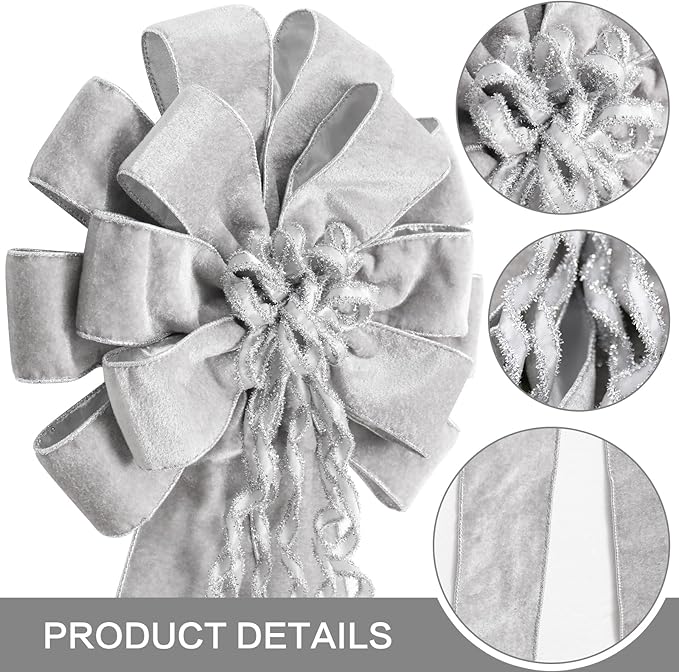 SY Super Bang Velvet Christmas Tree Topper, Silver/Gold 48x12 Inch Christmas Bow Tree Topper for Xmas Tree Decorations, for Xmas Ornaments Holiday Home Indoor/Outdoor Wedding Thanksgiving Decor.