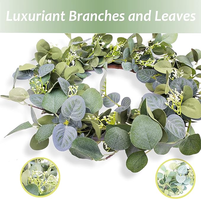 Eucalyptus Wreaths for Front Door 20", Handmade Green Leaves Wreath for Summer, Spring and All Seasons, Greenery Floral Wreath for Wall and Outside