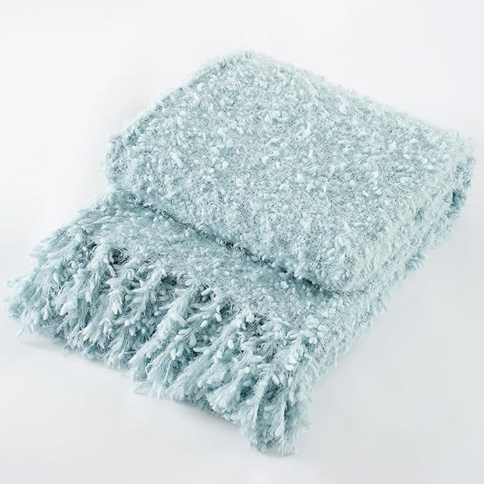 Winter Knit Throw Blanket Fluffy Fuzzy Soft Lightweight Cozy Farmhouse Tassels Chunky Knitted Throws for Couch Sofa Bed (Dream Blue, 60"x80")