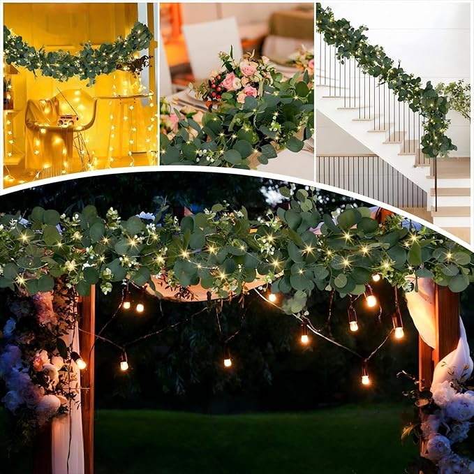 Eucalyptus Garland with Lights, 4 Packs 6FT Green Flower Garland Decor, Artificial Faux Eucalyptus Leaves Greenery Vines for Table Runner Wedding Centerpieces Backdrop Decorations (Warm Color)