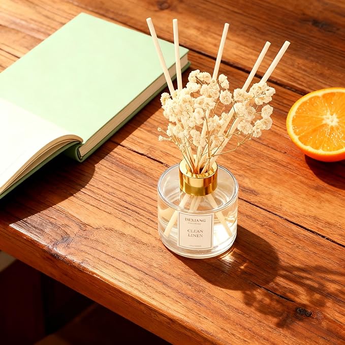 Reed Diffuser Set - 3.38 fl Oz Clean Linen Scent Aromatherapy Oil with Preserved Baby's Breath & Cotton Sticks | Home Fragrance for Bedroom, Bathroom, Living Room | Gift Ready Decor