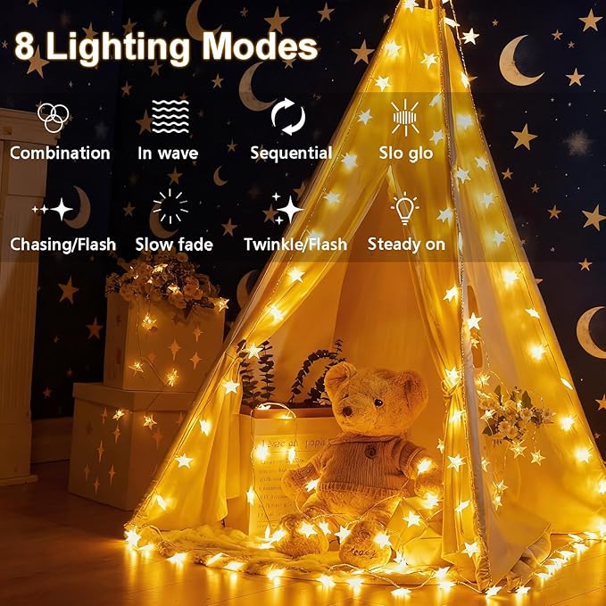 echosari Star String Lights Battery Operated, Auto Timer LED Star Fairy String Lights 158IN with 8 Modes for Kid Room Bedroom Party Garden Wedding Décor (Warm White)