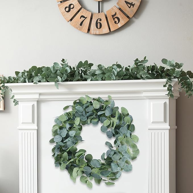 Sggvecsy 4 Pack Artificial Eucalyptus Garland Greenery Leaves Handmade 3D Silk Vines Silver Dollar Leaves Faux Leaf Plants for Wedding Wall Table Party Home Fireplace Bedroom Decor